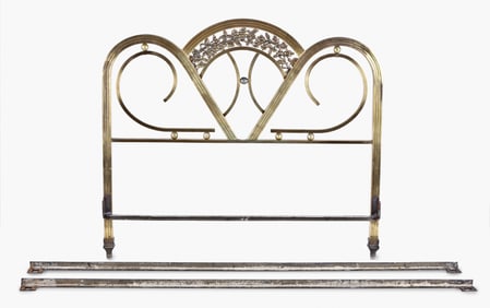 A good Art Deco brass bed and a carved chair with swivel seat