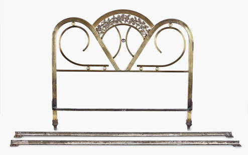 A good Art Deco brass bed and a carved chair with swivel seat: 2 (Two) pieces of late 19th & early 20th century furniture, the first a very attractive Art Deco brass bed, the head and foot board consisting of bent, square brass tubing arranged symmetrically and w
