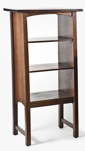 A small lot of early 20th century oak Arts & Crafts furniture: 3 (Three) pieces of early 20th century oak Arts & Crafts furniture including a magazine stand with overhanging top and three shelves, a square umbrella stand having a vertical slat on two sides, and a