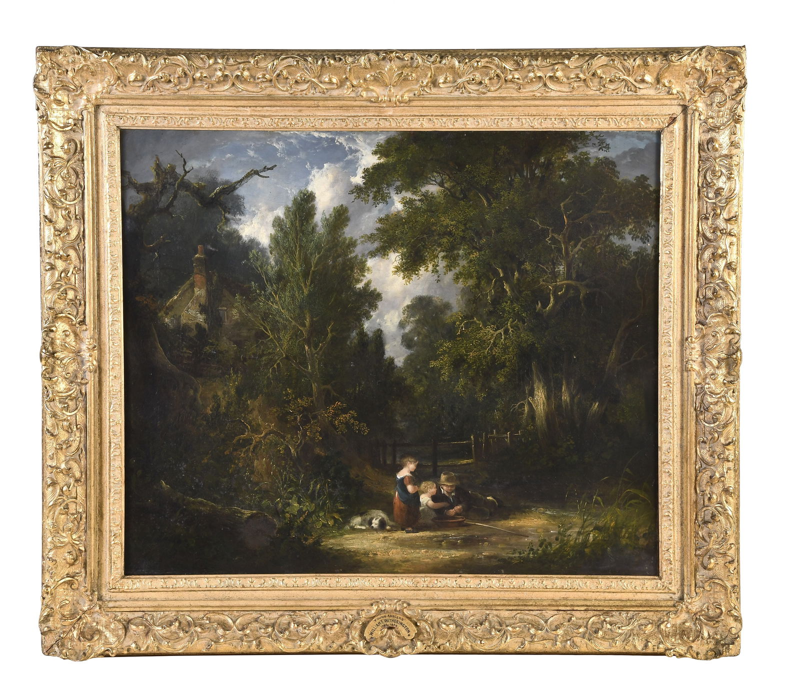 A good mid 19th century oil on canvas titled Young Anglers by William Frederick Witherington: William Frederick Witherington (1785 - 1865) "Young Anglers", the oil on canvas featuring three children and a sleeping dog adjacent to a stream in a wooded landscape, the background with a cottage to