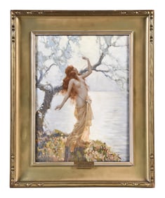 An early 20th century oil on board titled Spring Muse by Joseph Tomanek