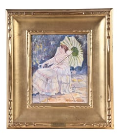 A 20th century oil on board titled "Woman with Parasol" by Susan Miller Chase
