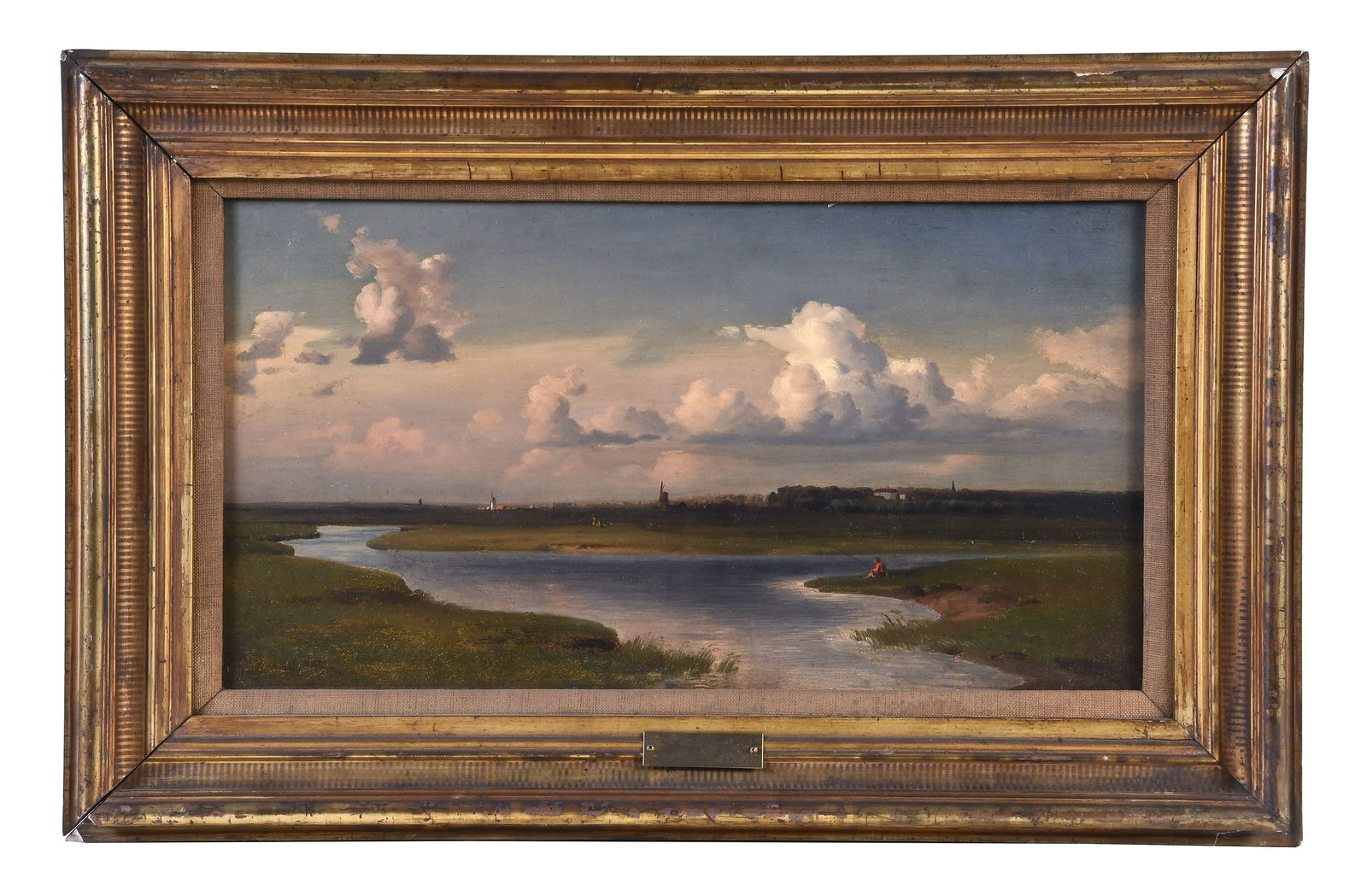 A 19th century Dutch landscape painting by Paul Weber: Paul Weber (1823 - 1916), "Dutch Landscape", oil on canvas scene with marsh and a seated fisherman in the foreground, with windmills and other structures in the distance, beneath a blue gray sky with