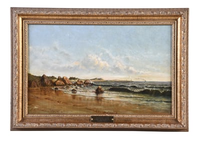 A mid 19th century oil painting titled "Coastal View" by Benjamin W. Stillwell