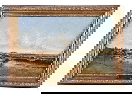 A mid 19th century oil painting titled "Coastal View" by Benjamin W. Stillwell: Benjamin W. Stillwell (1831 - 1914), "Coastal View" oil on canvas depicting a sandy beach with large rocks and small waves breaking at the shore, a lighthouse and steamship in the distance, and blue s
