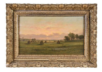 A 19th century painting titled Haystacks at Sunset by George F. Higgins