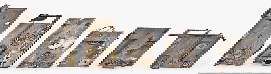 A lot of movements for automata: 11 (Eleven) mechanical movements, likely French, providing motion to automata, dolls, etc. including one with wooden base and motion works