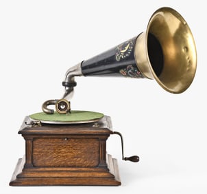 A Victor disc phonograph with black & brass horn