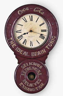 A Baird clock Co. Coca Cola hanging advertising clock: Baird clock Co., Plattsburg, New York, NY, "Coca Cola" hanging advertising clock, wood and paper mache case, paper on metal dial, spade hands, eight day, spring driven brass movement is signed