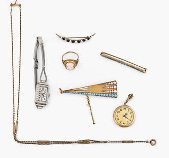 A small lot of jewelry and watches in 14 and 18 karat gold: A small lot of jewelry and watches in 14 and 18 karat gold, including a fan form pin set with graduated turquoise and pearl hemispheres, a filigree bar pin, a crescent shaped pin set with pearls and a