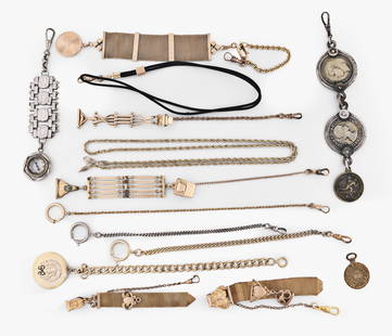 A large lot of pocket watch chains: A large lot of pocket watch chains, the majority gold filled, including fob, slide, and single Albert styles, a few with fobs, 4 - 24in