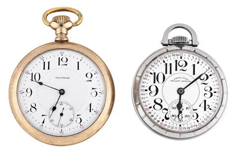 A lot of two American 21 jewel pocket watches: 2 (Two) 21 jewel American pocket watches, the first an 18 size Waltham model 1892 "Crescent St." with damascened nickel plate movement, arabic numeral white enamel dial, and gold filled open face case