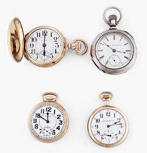 A lot of four American pocket watches including a Waltham 23 jewel bridge model 1899: 4 (Four) American pocket watches, including a 16 size Waltham bridge model 1899, 23 jewel damascened nickel movement with cut bimetallic balance with gold screws, diamond endstones, gold jewel setting