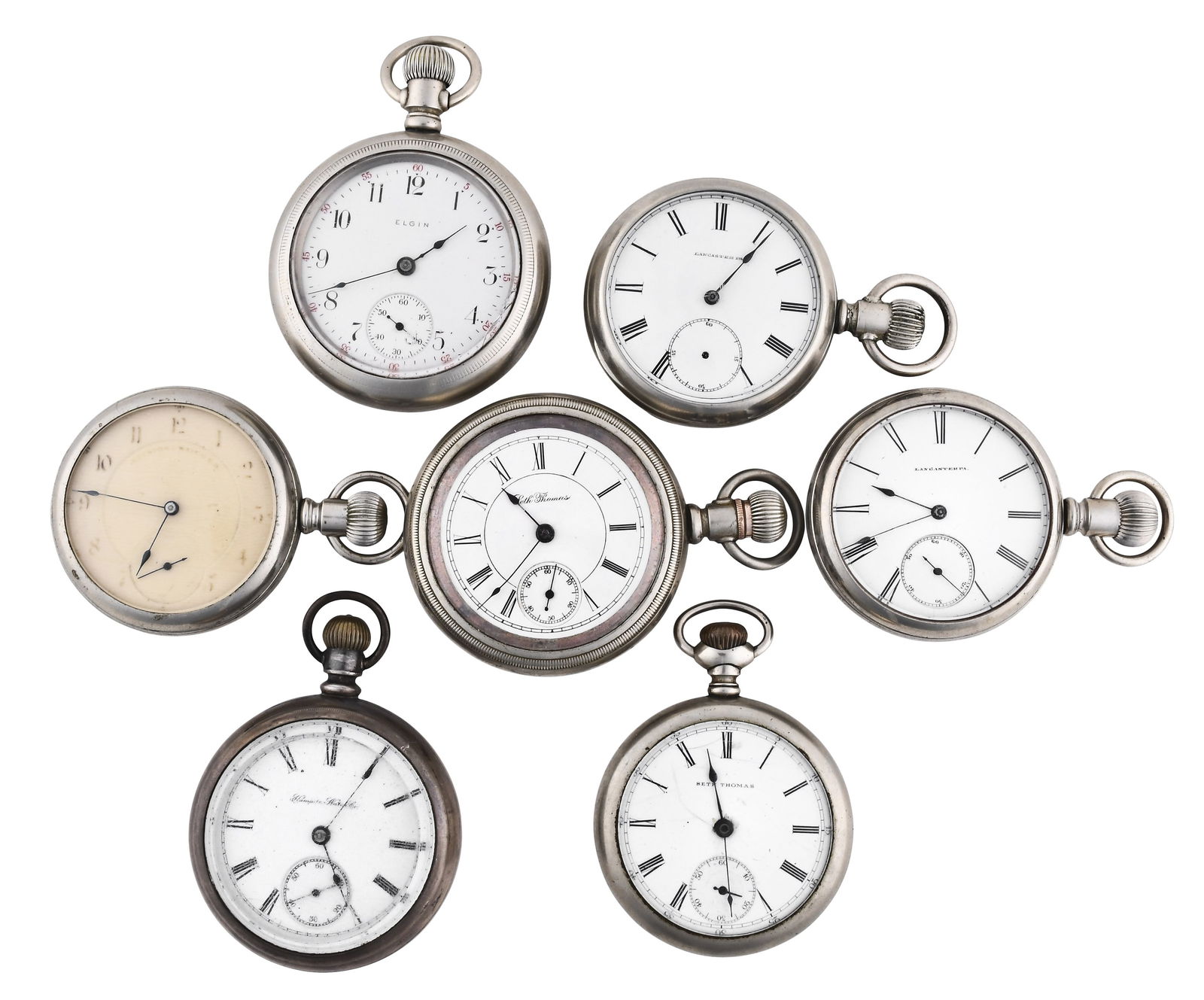 A lot of seven 18 size American pocket watches (1 of 3)