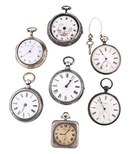 A lot of seven European pocket watches including three verge fusees: 7 (Seven) European pocket watches, including two English verge fusees with gilt, full plate movements, roman numeral white enamel dials, and sterling silver pair cases, two Continental verge fusees wi