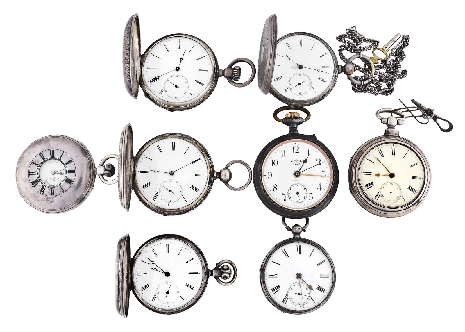 A lot of eight English and Swiss pocket watches: 8 (Eight) English and Swiss pocket watches, makers including JW. Benson, Eterna, Perrin, Mathey, and others, 48 - 56mm, 7 - 15 jewel gilt and nickel movements, two with fusees and one with alarm, with
