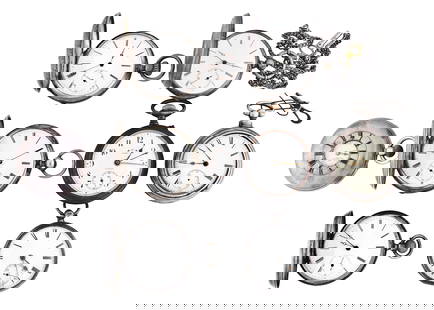 A lot of eight English and Swiss pocket watches: 8 (Eight) English and Swiss pocket watches, makers including JW. Benson, Eterna, Perrin, Mathey, and others, 48 - 56mm, 7 - 15 jewel gilt and nickel movements, two with fusees and one with alarm, with