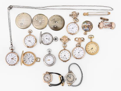 A lot of pendant watches and watch chains: A lot of pendant watches and watch chains, including watches by Bulova, Waltham, Longines, and others, with metal and enamel dials and silver and gold filled cases, two wrist watches, one by Hamilton,