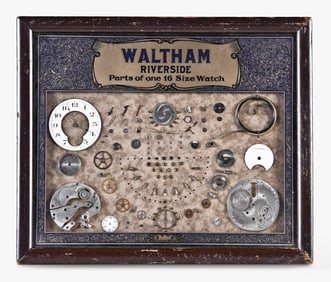 A good early 20th century Waltham countertop display with Riverside watch parts