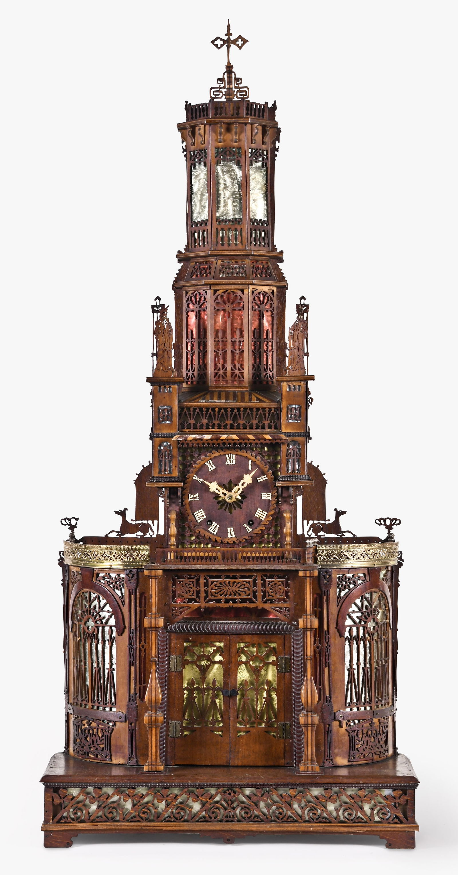 A monumental late 19th century cathedral form Sorrento work table clock: A monumental late 19th century cathedral form Sorrento work table clock, design based on an eclectic mix of 19th century styles, the base with scroll and clover fret, the entrance framed with ripple m