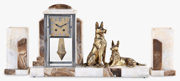 A French three piece mantel clock garniture