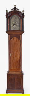 A Thomas Harland Norwich Connecticut tall clock: Thomas Harland, Norwich, Conn., tall clock in a cherry case with satinwood inlay, fretwork top with three inlaid plinths surmounted by brass finials, inlay on hood door flanked by fluted columns with