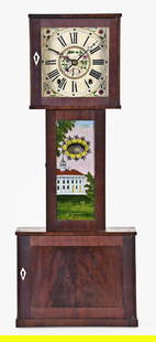 A Connecticut banjo wood movement wall clock.: Unknown maker, "Connecticut banjo", 30 hour, two weight, wooden works time and strike banjo wall clock in mahogany and mahogany veneered case with reverse painted tablet and painted wooden dial.