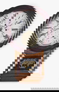 An Elias Burwell wall calendar clock: Elias Burwell, Bristol, Conn., wall calendar clock, rosewood veneered and grain painted case, painted metal dial, fleur-de-lis hands, 8 day, spring driven brass movement