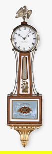 A Stennes patent timepiece or banjo clock: Elmer O. Stennes, Weymouth, Mass., "Experimental Banjo No. 1" wall clock, 8 day, time only, weight driven movement in a cross banded inlaid mahogany case with reverse painted throat and lower tablets,