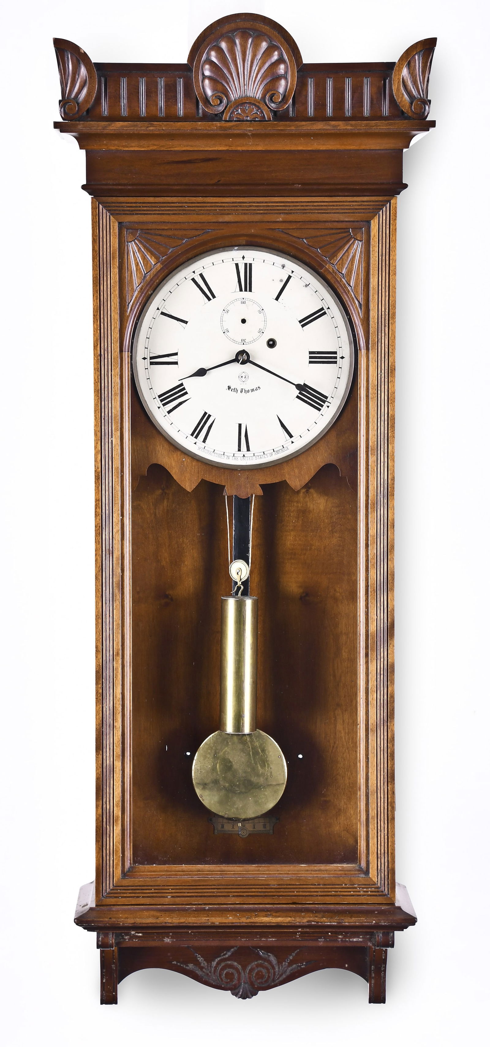 Seth Thomas Clock Co. Regulator No. 9 wall clock: Seth Thomas Clock Co., Thomaston, Conn, "Regulator No. 9" wall clock, cherry case, painted metal dial, spade hands, eight day weight driven, timepiece movement with maintaining power