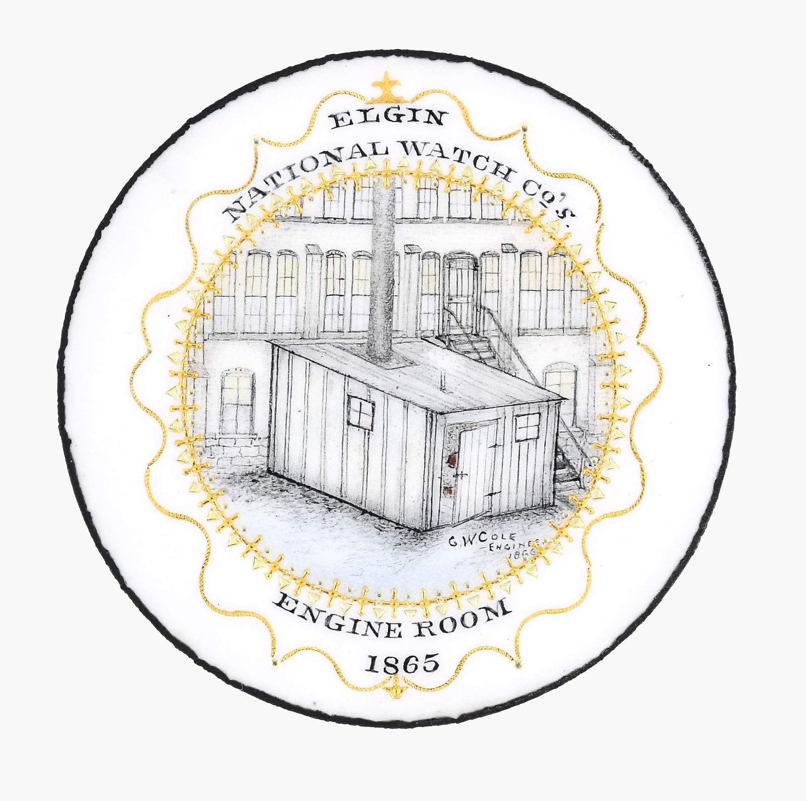 A rare Elgin Watch Co. 14 size glass enamel dial plate illustrating the Elgin Engine Room in 1865: Elgin National Watch Co., Elgin, Illinois, a rare and possibly unique 14 size glass enamel dial plate with illustration of the Elgin Engine Room, the monochromatic image showing a building with closel