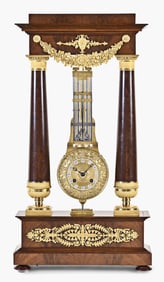 A good early 19th century French mahogany and gilt bronze portico clock with oscillating movement
