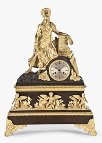 A 19th century French vari colored bronze figural mantel clock celebrating American independence