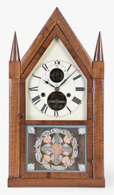 A Silas B. Terry oversize balance wheel steeple shelf clock