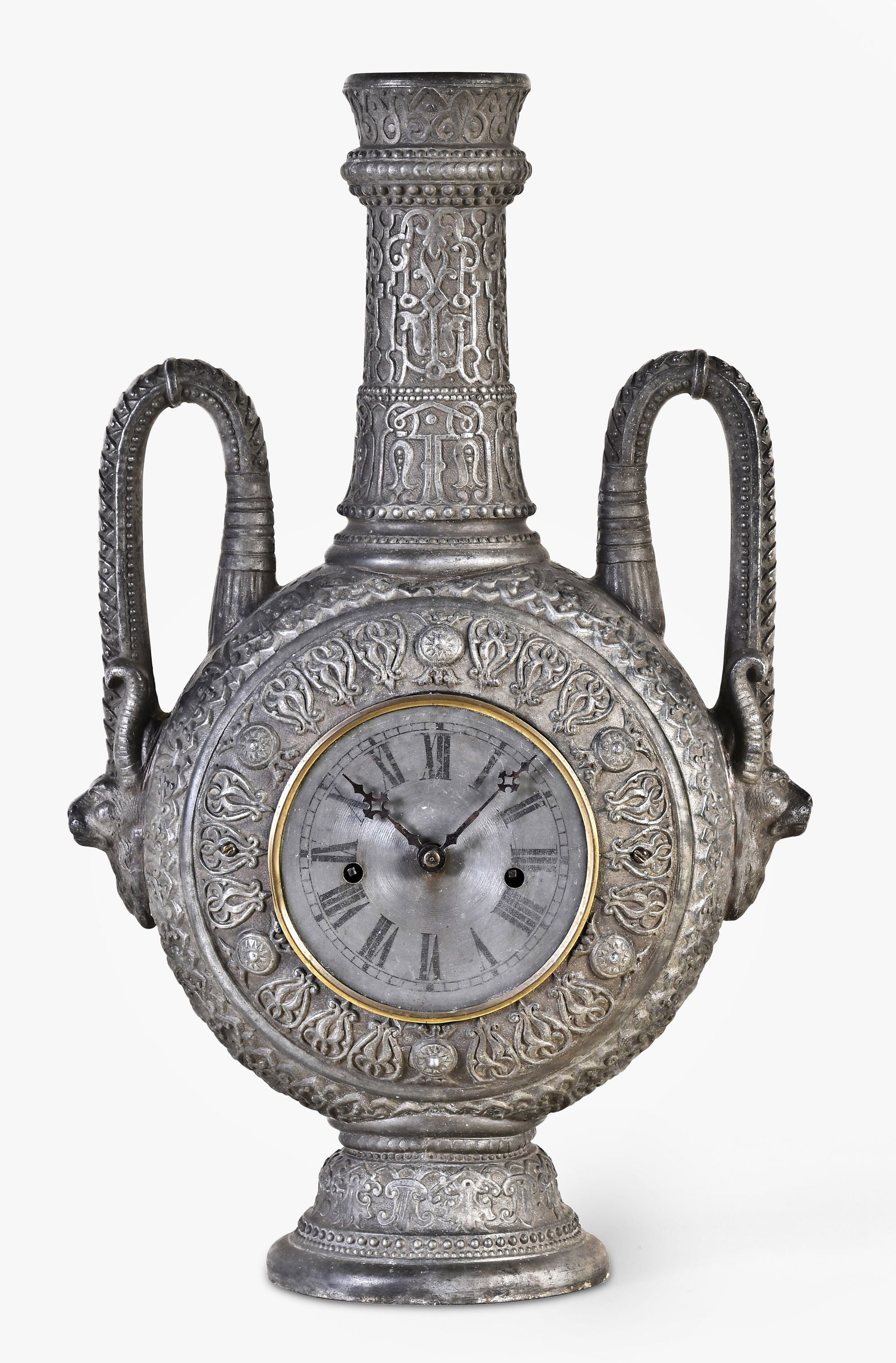 A rare E.N. Welch Mfg. Co. Unknown No. 25 in form of amphorae: E.N. Welch Mfg. Co., Forestville, Conn., rare "Unknown No. 25" in a spelter, amphora form case, roman numeral painted metal dial, eight day, spring driven Patti series movement striking on a cathedral