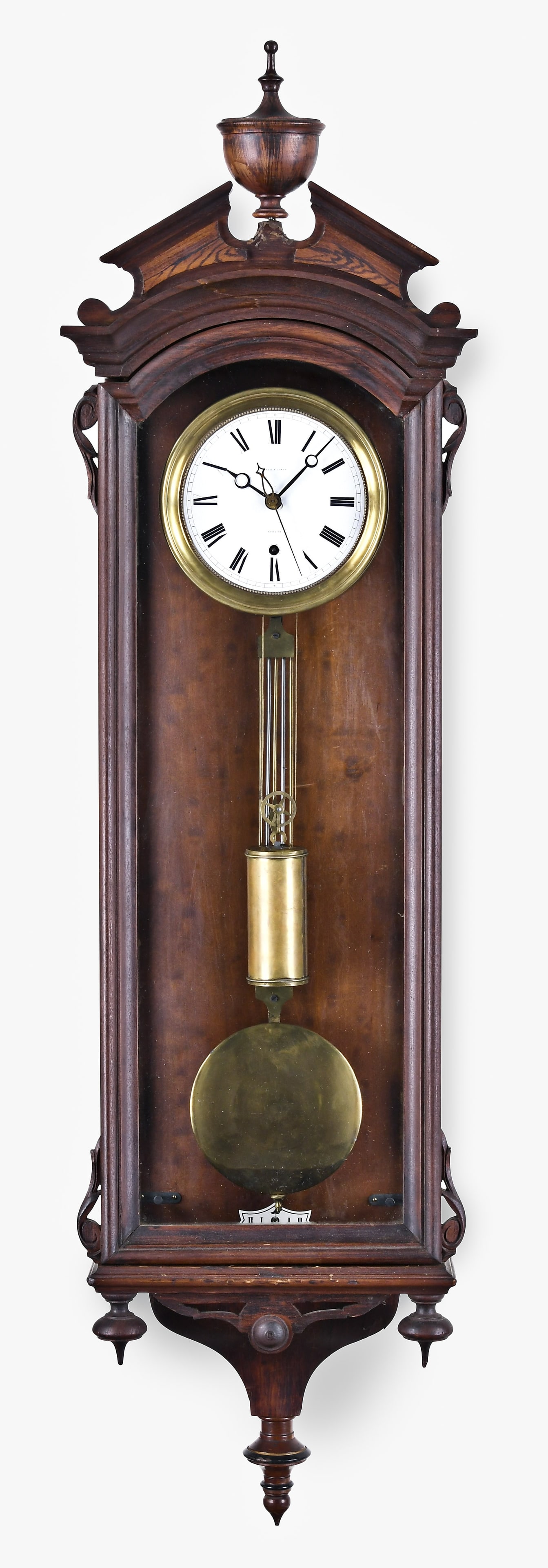 A George A. Jones and Co. hanging regulator: George A. Jones & Co., New York, hanging regulator, eight day, time only, brass weight driven movement with sweep center seconds in what looks to be a rosewood grain painted Vienna-style regulator cas