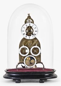 A mid 19th century French striking skeleton clock with calendar and phases of the moon