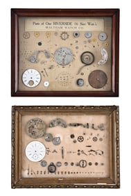 A lot of two jeweler's hanging pocket watch anatomy displays