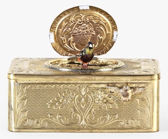 A 20th century German engine turned and enamel singing bird box attributed to Griesbaum