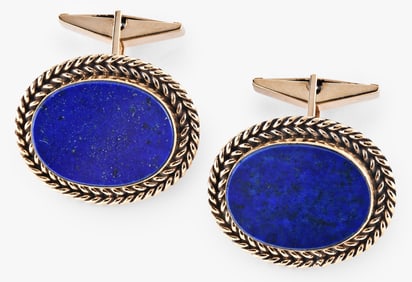 A pair of 20th century 14 karat gold and lapis lazuli cuff links marked S&S