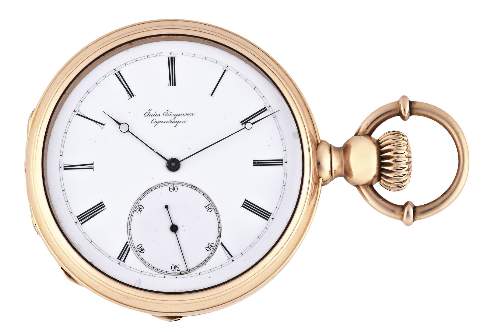 A good late 19th century gold pocket watch by Jules Jurgensen: Jules Jurgensen, Copenhagen, a late 19th century gold pocket watch, 21 jewel, stem wind and with Jurgensen's bow setting, damascened nickel plate movement with lever escapement, cut bimetallic balance