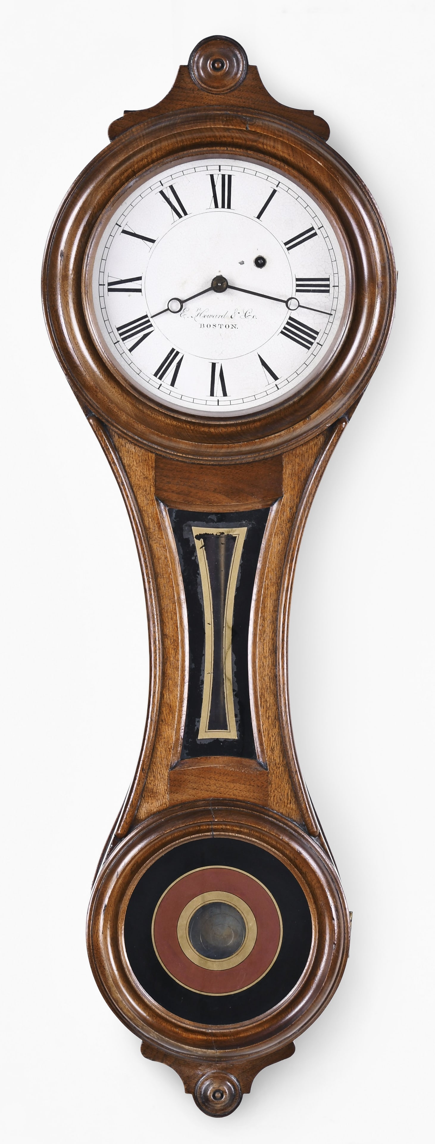An E. Howard & Co. No. 10 Regulator wall clock: E. Howard & Co., Boston, Mass., "No. 10 Regulator", the figure eight style hanging clock in a walnut case, with 8in painted metal dial, blued steel moon hands, and eight day, weight driven brass