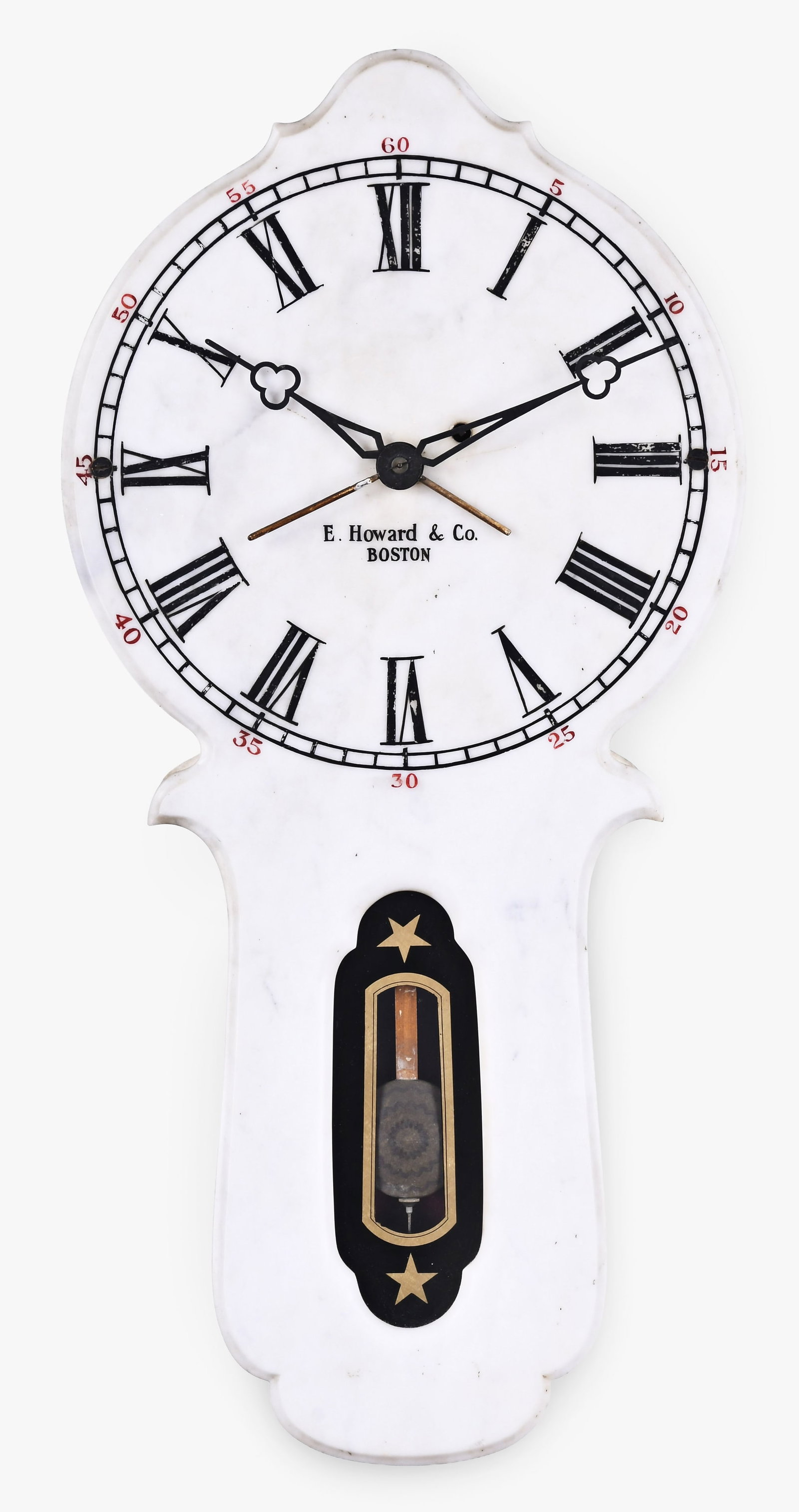 An E. Howard & Co. No. 28 marble front wall clock: E. Howard & Co., Boston, Mass., "No. 28" marble front wall clock, painted wood and marble case, 14in painted marble dial, trefoil hands, and eight day, weight driven brass movement