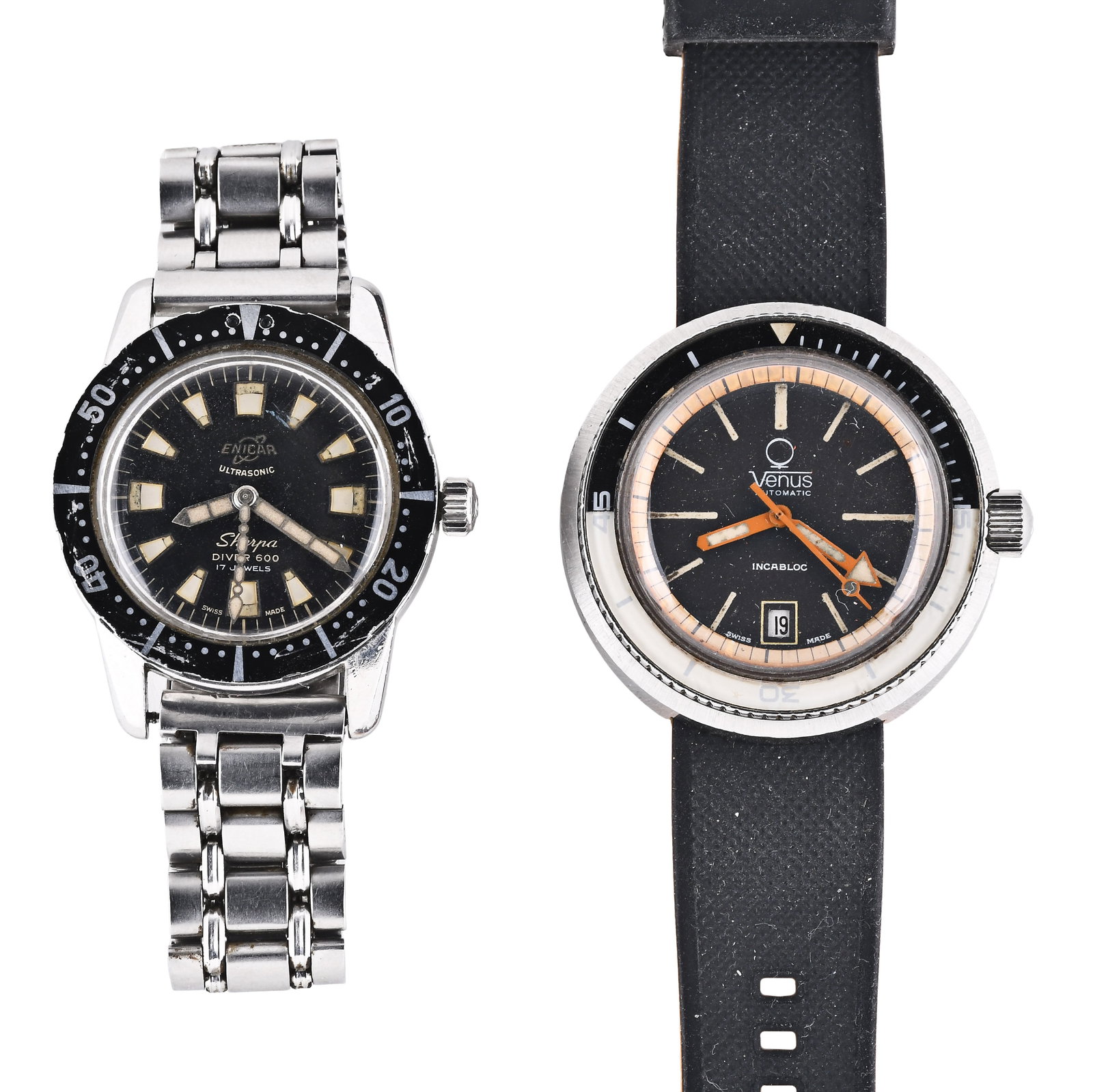 A lot of two mid 20th century diver's wrist watches by Venus and Enicar (1 of 5)