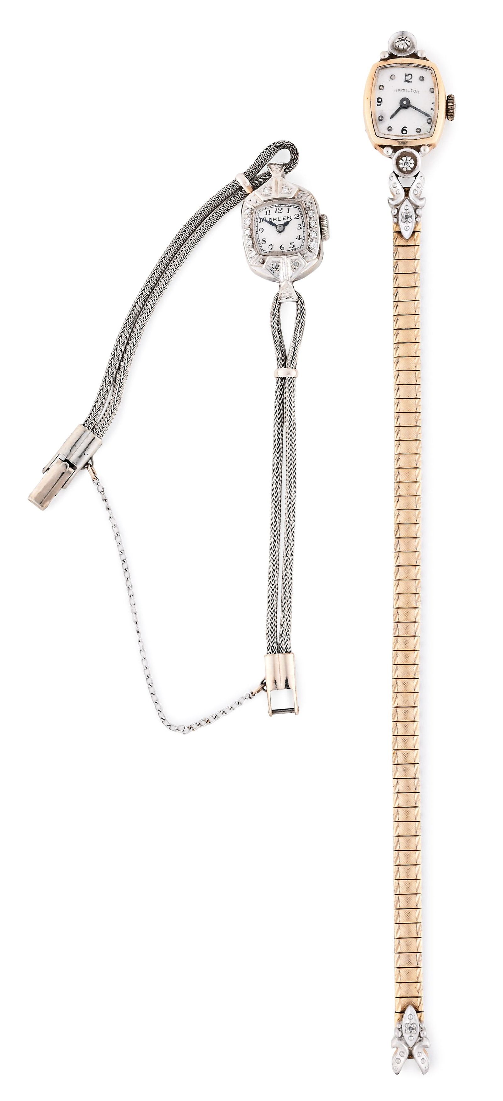 A lot of two lady's gold wrist watches: 2 (Two) lady's gold wrist watches, the first a Gruen with 17 jewel movement, arabic numeral metal dial, and 14 karat gold, diamond set case, 9.9g TW, and a Hamilton with quartz movement, dot and arabi