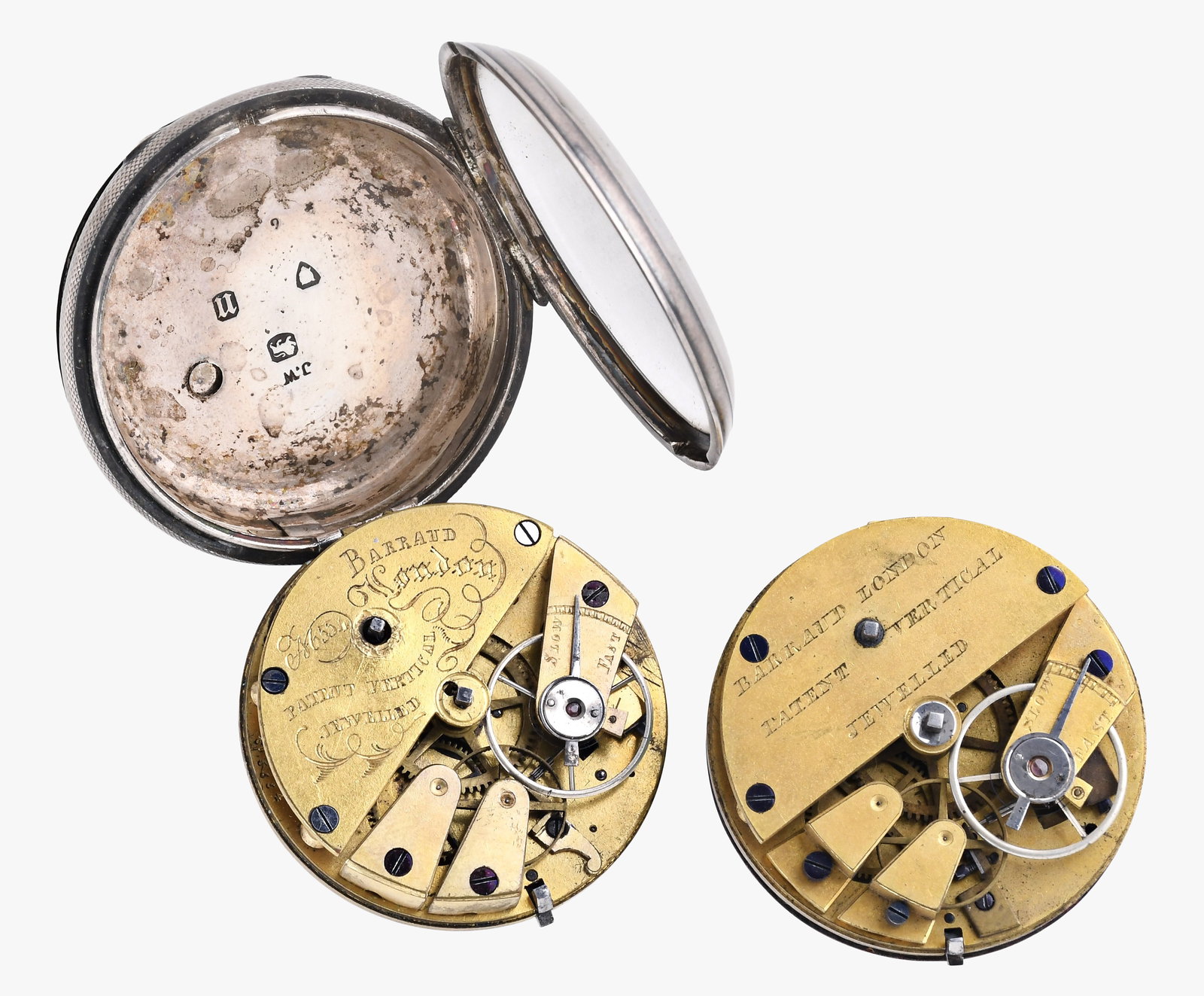 A lot of two Barraud Patent Vertical escapement pocket watch movements and a silver case (1 of 4)