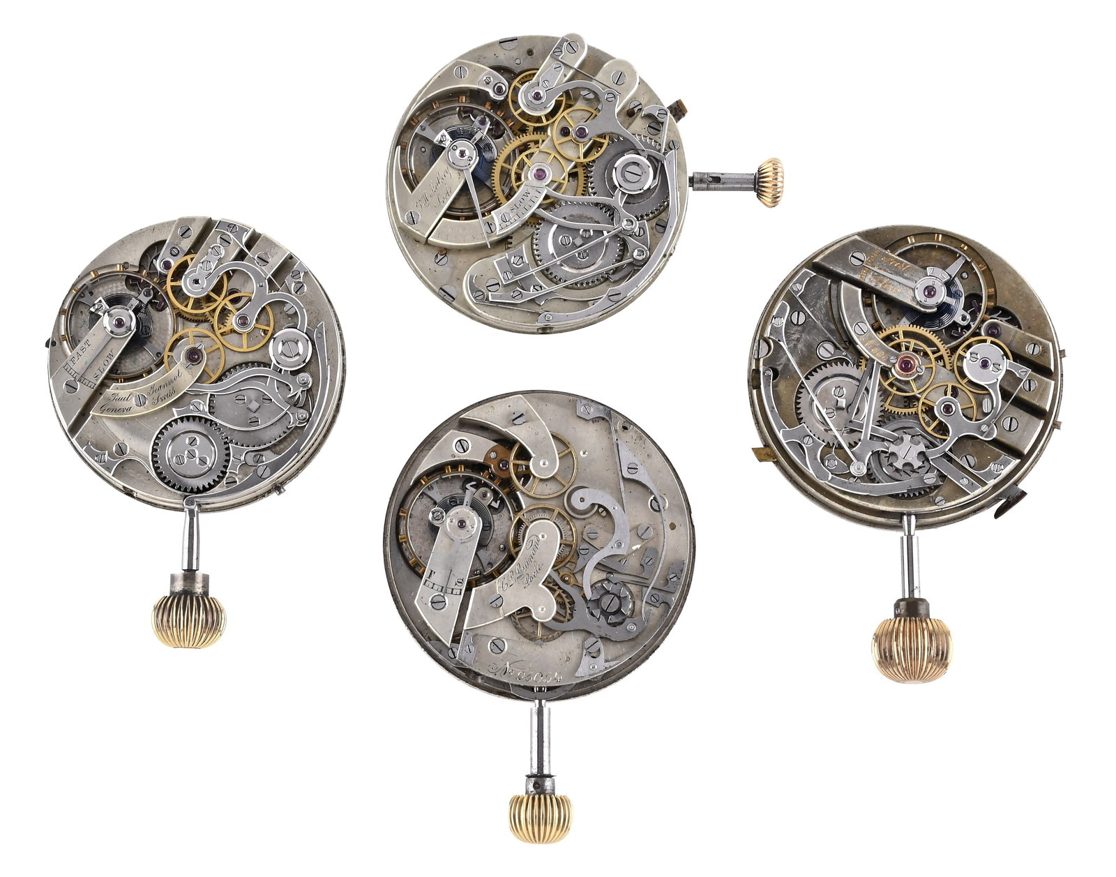 A lot of four late 19th - early 20th century Swiss pocket chronograph movements (1 of 2)