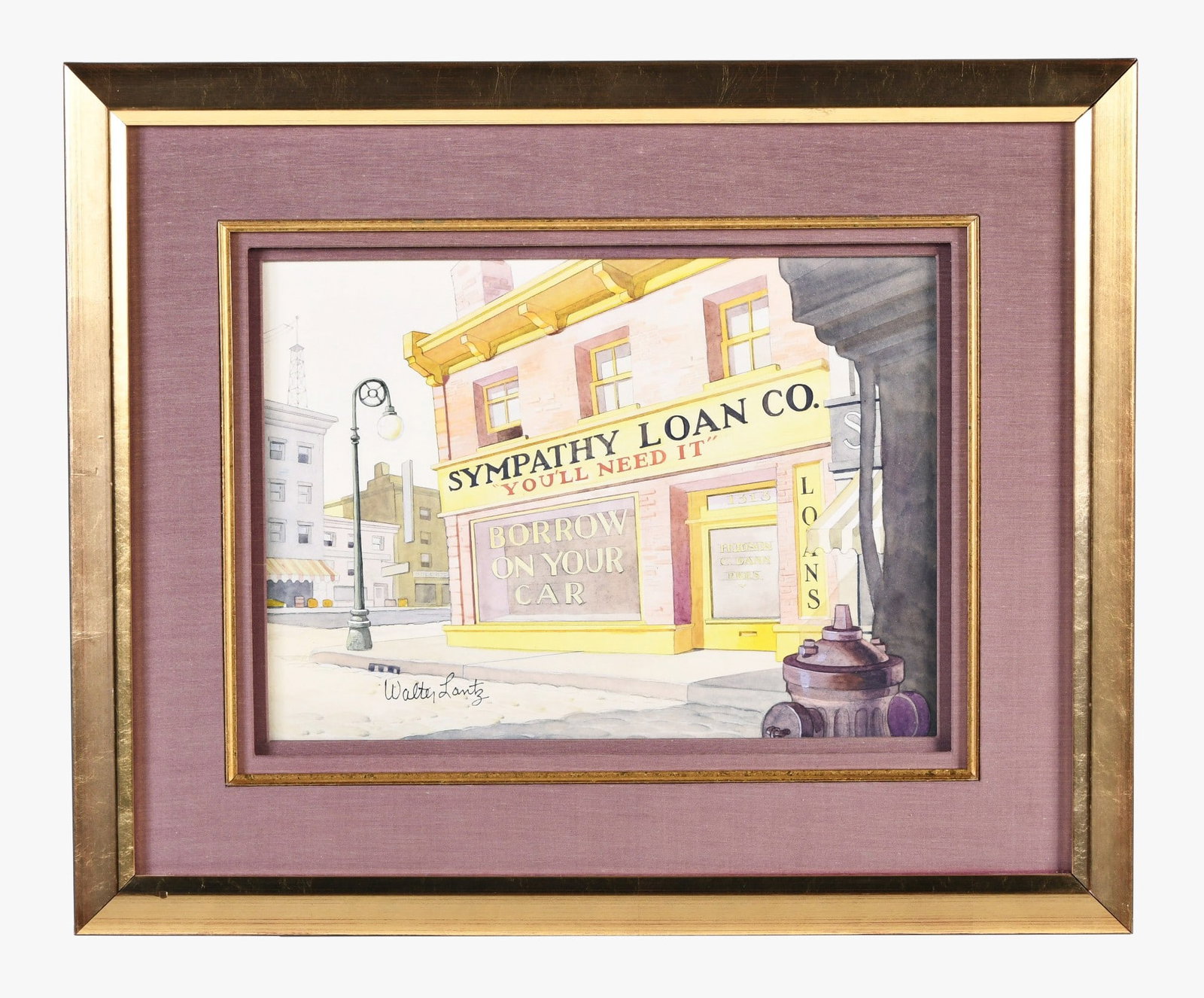 A watercolor Sympathy Loan Co. production background signed by Walter Lantz: Walter Lantz Productions, Hollywood, California, a signed watercolor on board production background from "The Loan Stranger" featuring Woody Woodpecker, the street scene featuring a yellow trimmed bri