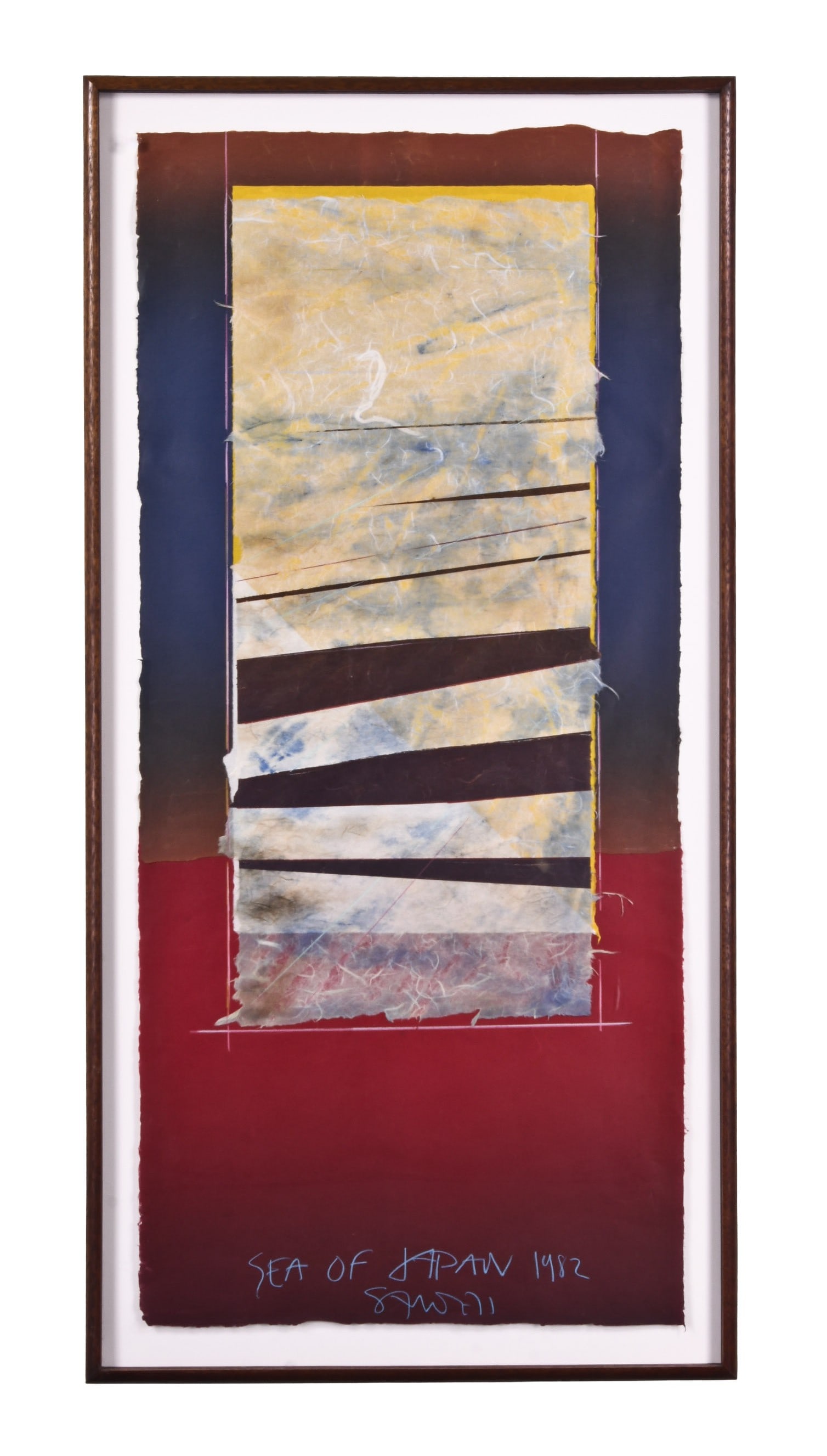 A lot of two large mixed media artworks by Scott Sandell: 2 (Two) large mixed media artworks by Scott Sandell, the first titled "Sea of Japan", the vertical piece with various colored and textured papers and pastel, titled, signed and dated at the bottom, th