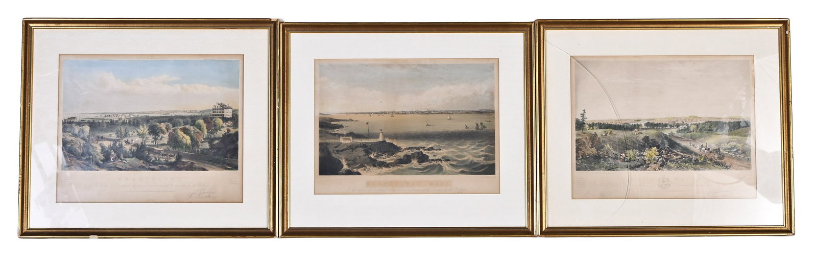 A lot of seven mid 19th century tinted lithographs from Bachelders Album of New England Scenery: 7 (Seven) mid 19th century tinted lithographs from J.B. Bachelders "Album of New England Scenery" including views of South Danvers, Marblehead, Lynn, Lawrence, and Swampscott, Massachusetts, Lewiston,